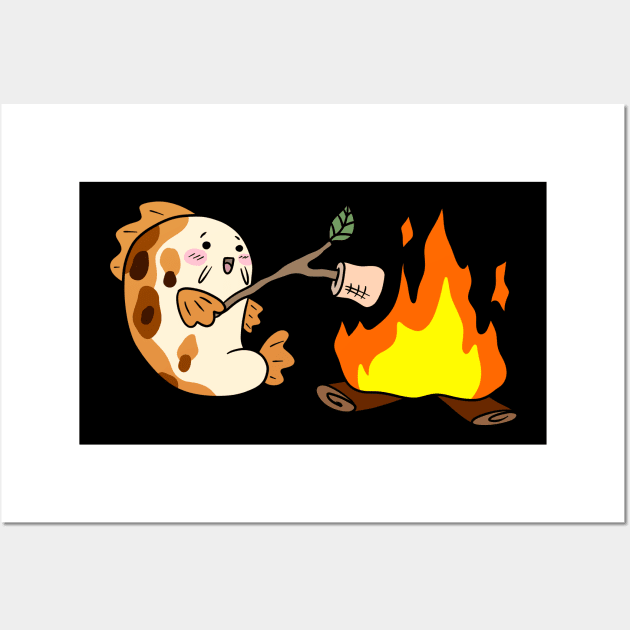 Cartoon Koi Fish Roasting Marshmallows by a Campfire Wall Art by saradaboru